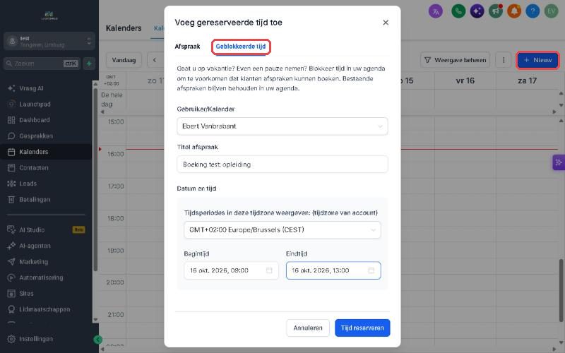 Schermafbeelding bij stap 2: Klik op Nieuw (New), of op het tijdstip, en kies het tabblad Geblokkeerde tijd.