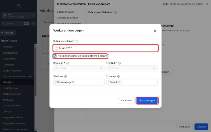 Schermafbeelding bij stap 4: Voor een hele dag of meer dagen, ga naar Kalenders › Kalenderinstellingen › Services › Medewerkers, klik op het potlood naast je naam en kies Datum specifieke uren. Kies de...